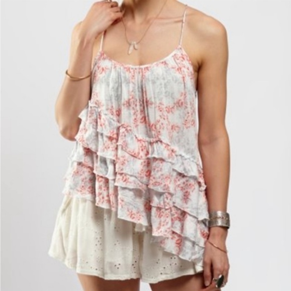 Free People Flutter By Asymmetric Floral  Ruffle Tank Top XS - Picture 6 of 12